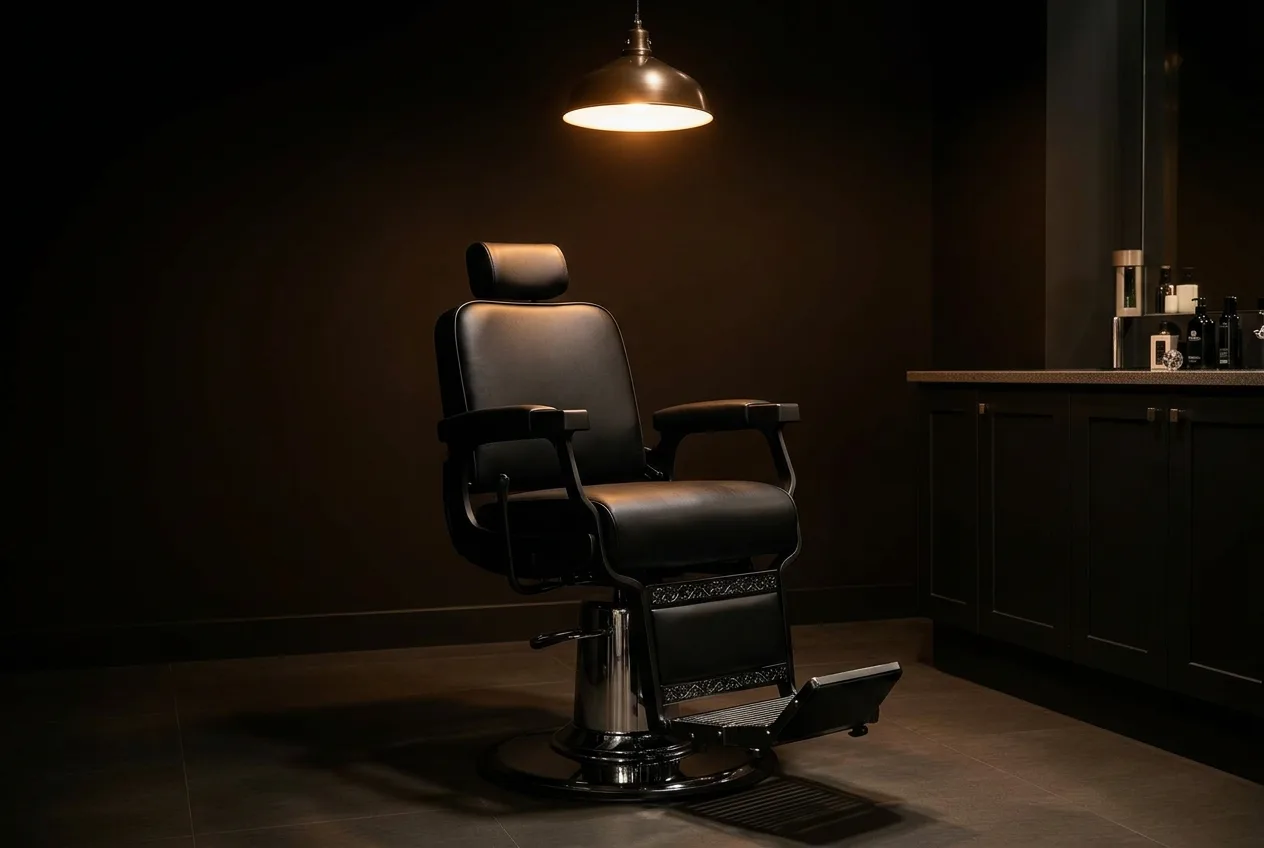 Black barber chair under warm light